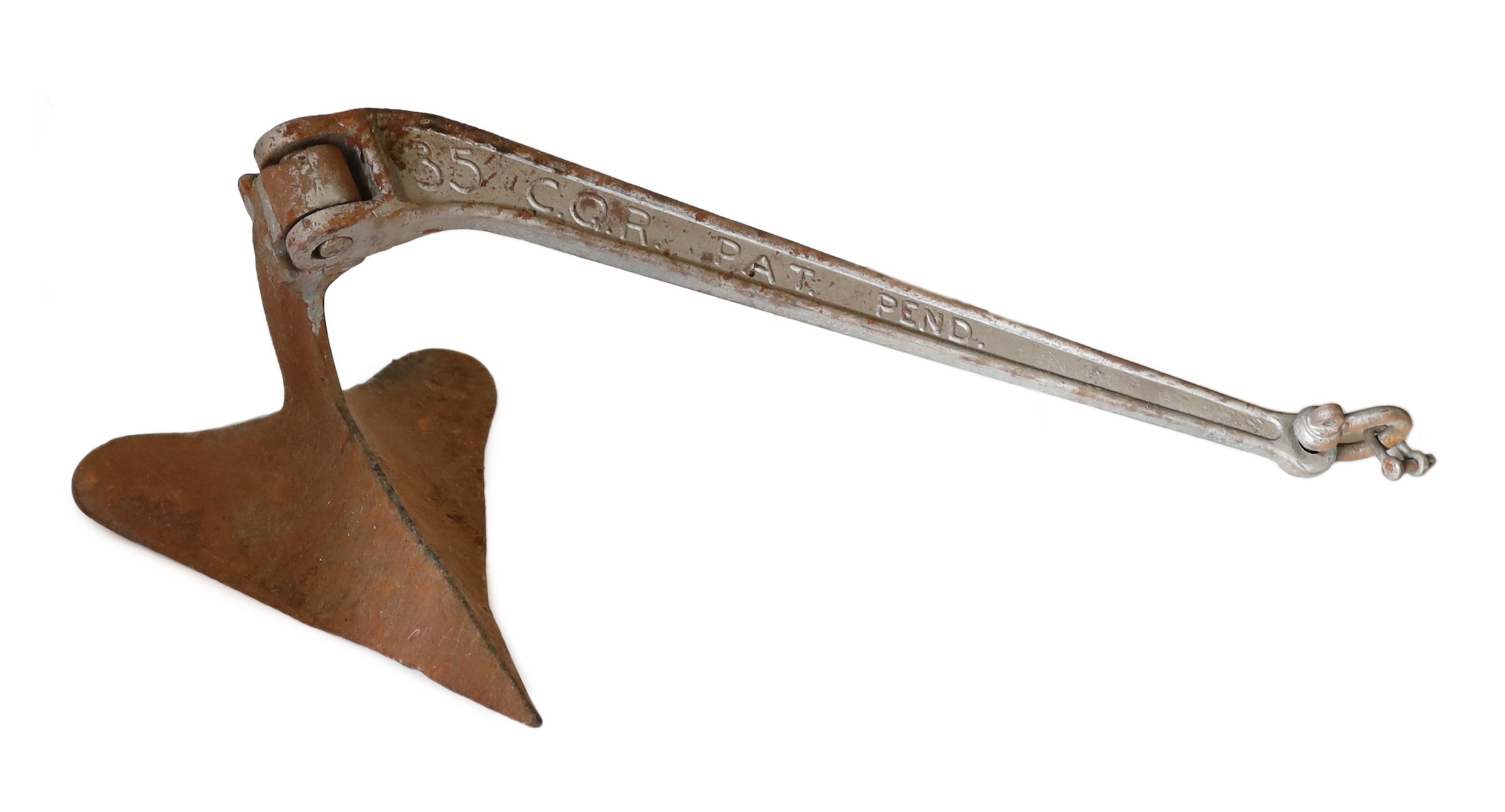 A silver painted cast iron hinged plough anchor, stamped 35’ C.Q.R. pat.pend, 102cm